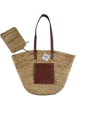 NEW Haute Hippie Extra Large Tote Faux Leather Accents Woven Raffia w/Pouch
